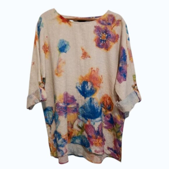 NWT Ali Miles Top Linen & Cotton Watercolor Floral Artsy Lagenlook Womens Large - Picture 2 of 16